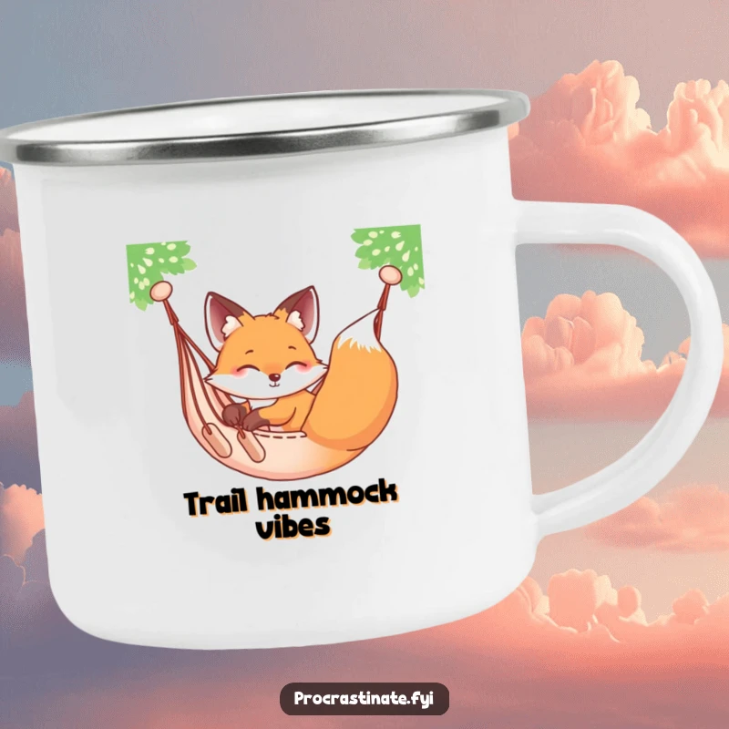 Funny relaxed fox sprawled on a hammock, gently swaying, depicted on a rugged camping mug.