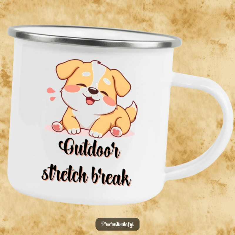 Funny happy dog camping mug showing a contented dog stretching lazily with a happy sigh. Outdoor relaxation.