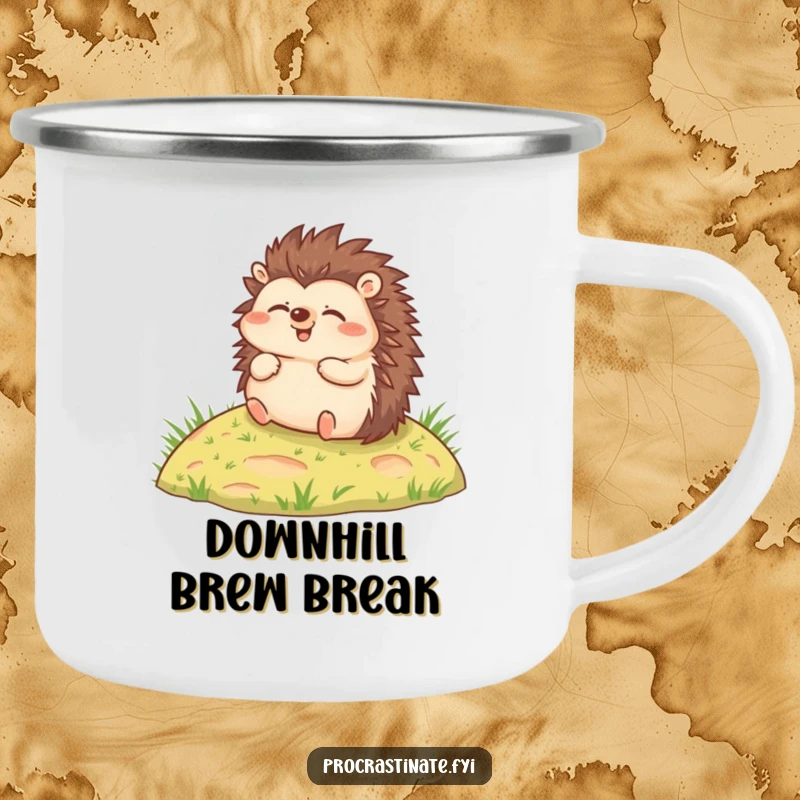 Funny camping mug with a joyful hedgehog rolling relaxed down a grassy hill, perfect for enjoying drinks outdoors.