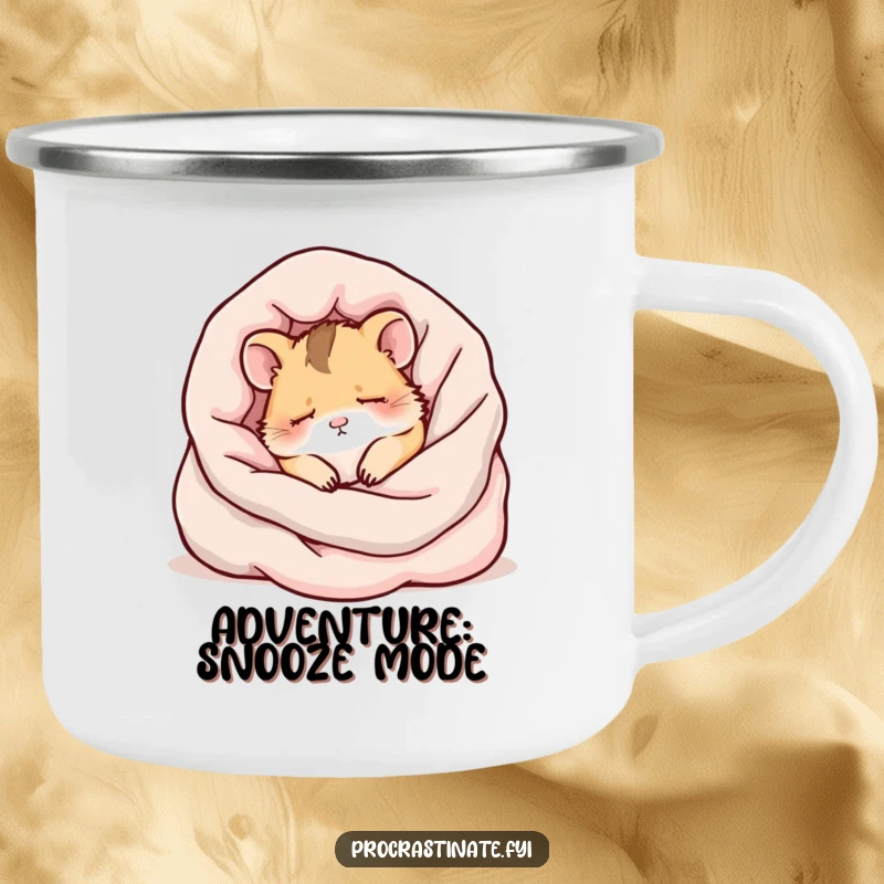 Funny kawaii hamster napping in blankets, a durable and cute camping mug for outdoor lovers.