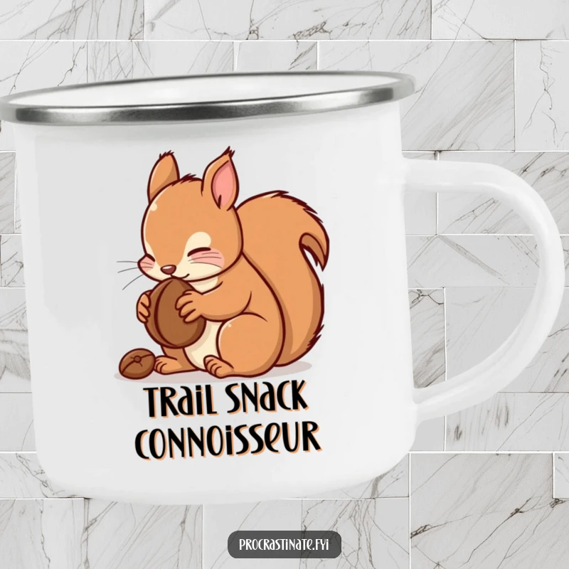 Funny kawaii squirrel camping mug featuring a cute squirrel with a nut, perfect for sipping outdoors with a smile.