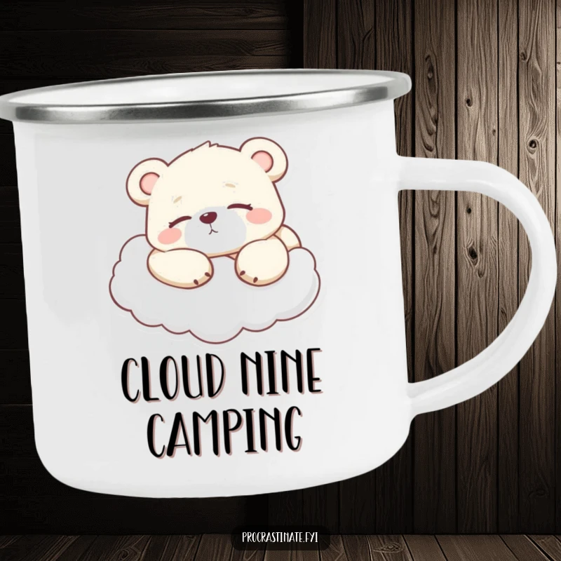 Funny Lazy Bear Cub Camping Mug, a bear cub relaxing on a cloud, perfect for cozy outdoor moments and warm drinks.