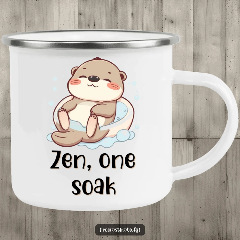Funny camping mug depicting a blissfully relaxed otter character floating on its back in a bubbly tub, perfect for the outdoors.