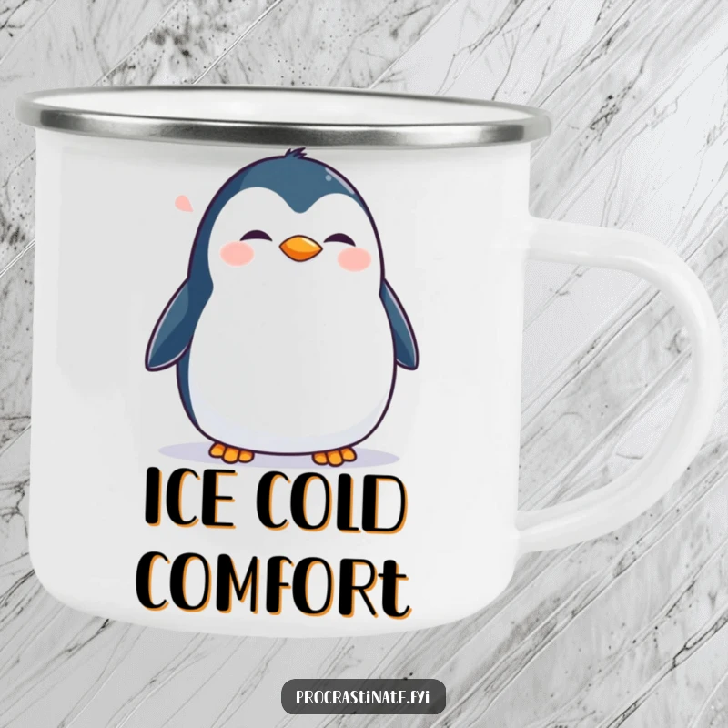 Funny Penguin Camping Mug: A happy penguin waddles contently, ideal for enjoying drinks outdoors with a humorous, joyful vibe.