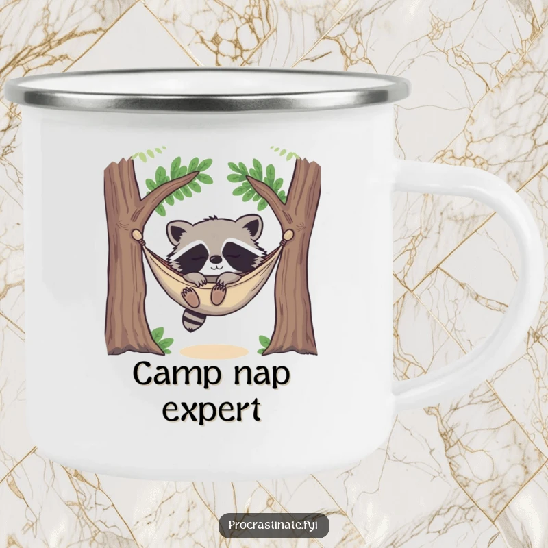 Funny happy raccoon deeply asleep in a cozy hammock strung between two trees, looking content on this durable camping mug.
