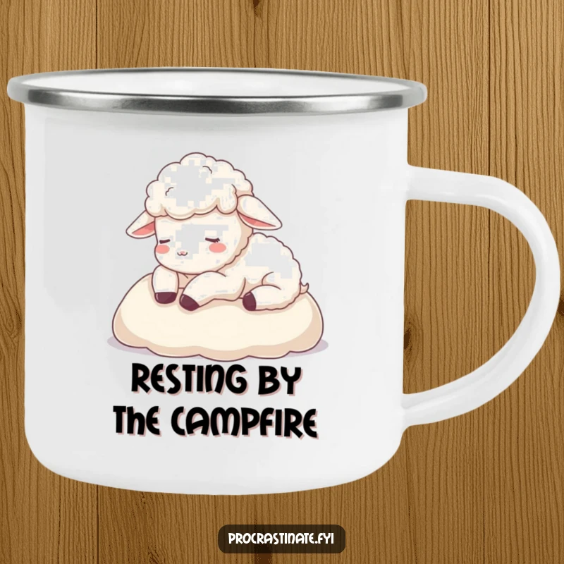Funny sheep camping mug depicting a calm sheep resting its head on a soft blanket, perfect for peaceful outdoor moments.