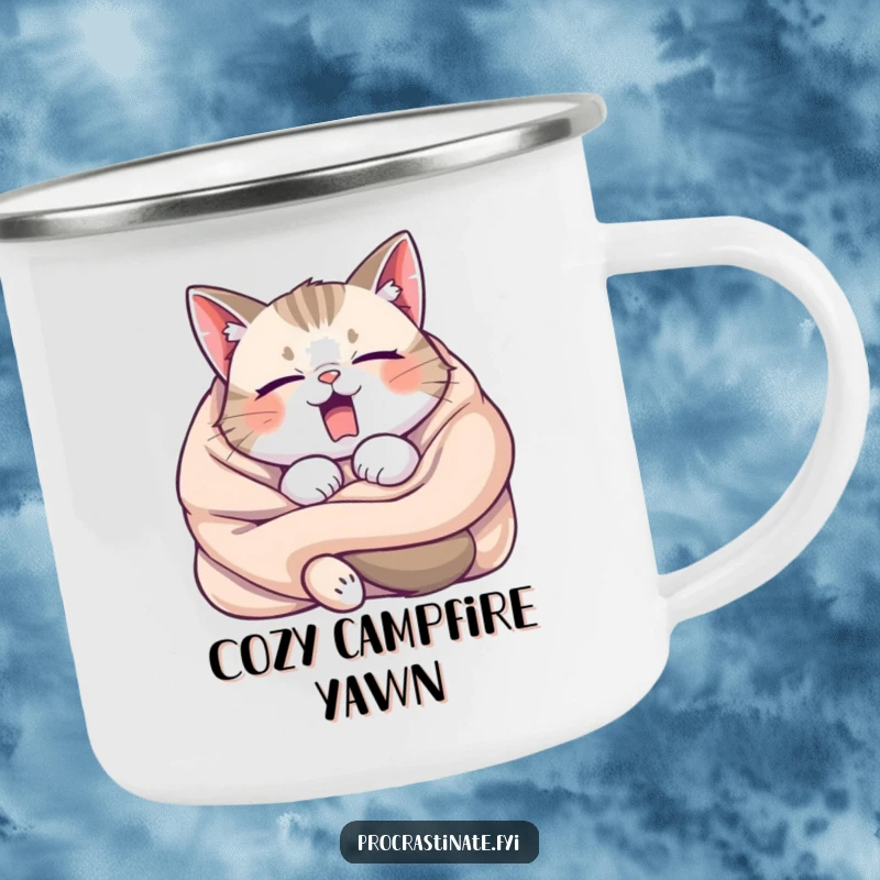 Funny Sleepy Cat Yawning Camping Mug, a cat in a blanket yawning, perfect for cozy outdoor moments and warm drinks.