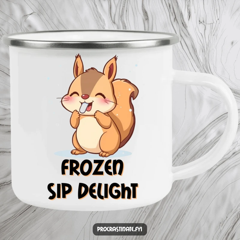 Funny Squirrel Camping Mug: Joyful animal catching snowflakes with its tongue, durable for outdoors, perfect funny gift for campers.