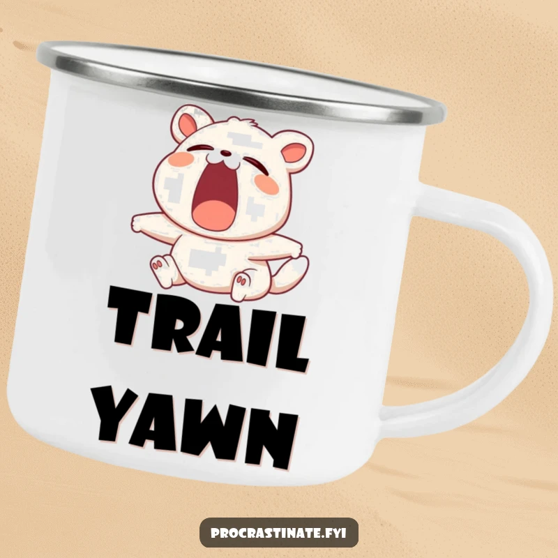 Funny camping mug showing a contented animal character yawning widely while stretching, perfect for relaxed outdoor enjoyment.