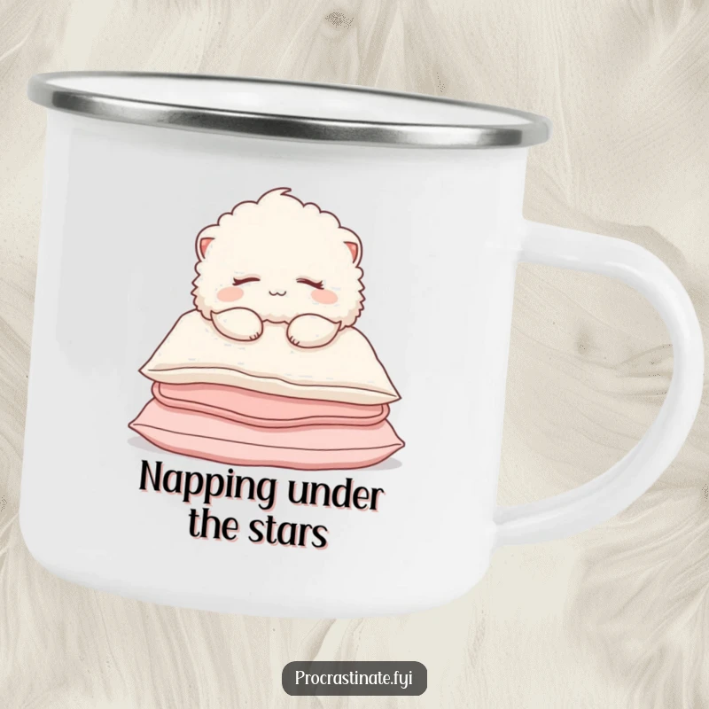 Funny Camping Mug displaying a fluffy creature peacefully sleeping on pillows, ready for relaxing outdoor moments.