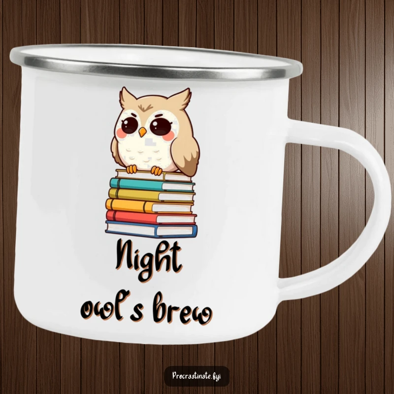 Funny smiling owl character with droopy eyes, leaning on a tilted stack of books, a sturdy enamel mug for outdoor wisdom.
