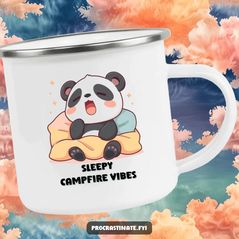 Funny camping mug with a sleepy panda yawning, nestled in pillows and blankets, ideal for cozy outdoor drinks.