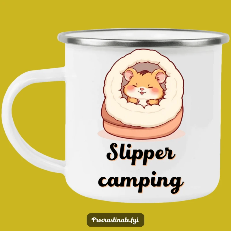 Funny Napping Hamster Slipper Camping Mug, Cozy Rodent Campfire Gift