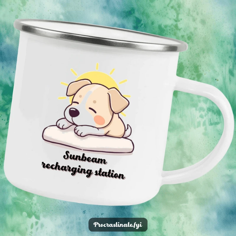 Funny dog camping mug depicting a relaxed dog stretching in a sunbeam, great for adventurers and dog lovers alike.