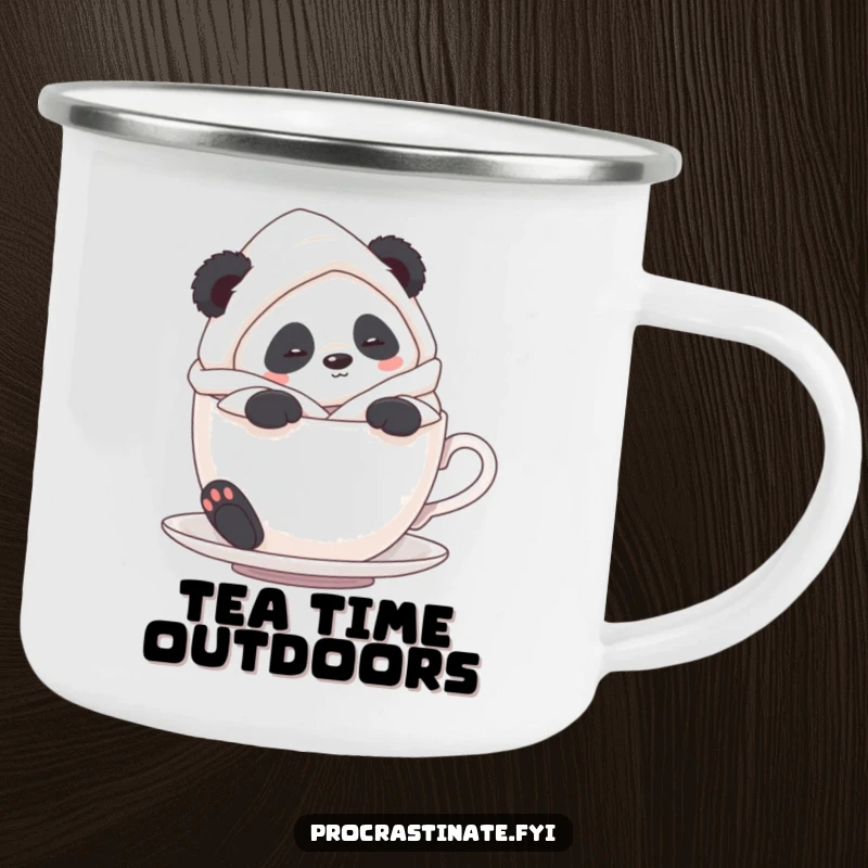 Funny Panda Tea Camping Mug: A panda in a bathrobe relaxes in a teacup, ideal for enjoying warm drinks outdoors.