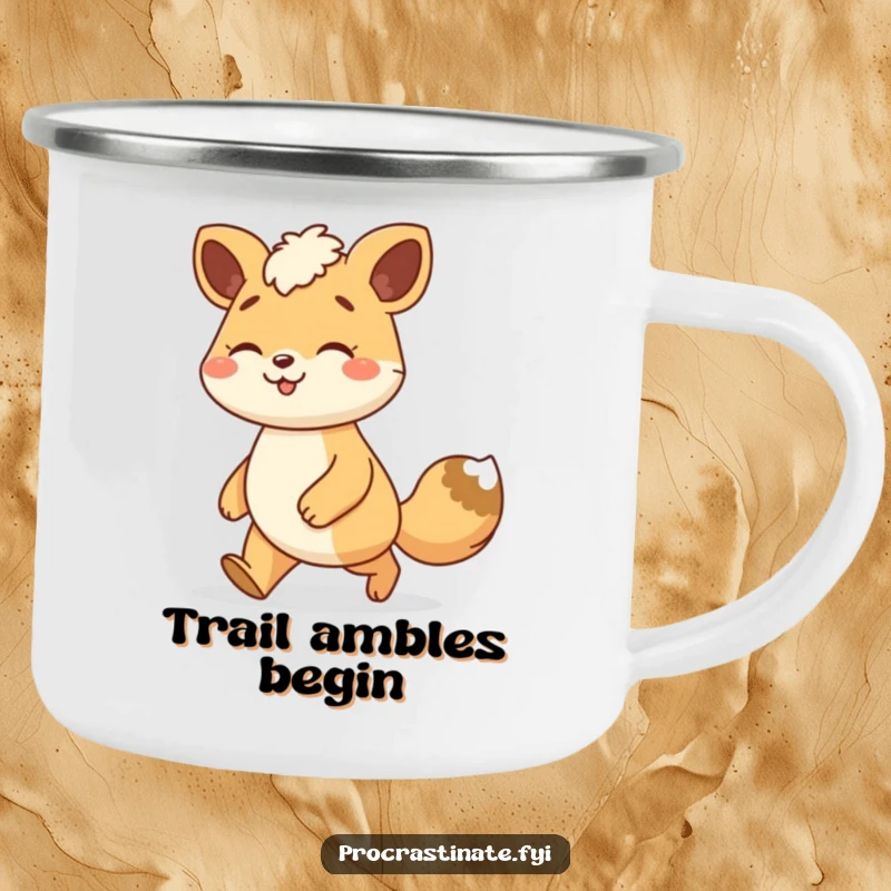 Funny animal character camping mug with a smiling creature enjoying a leisurely stroll with a relaxed gait, perfect for outdoor enjoyment.