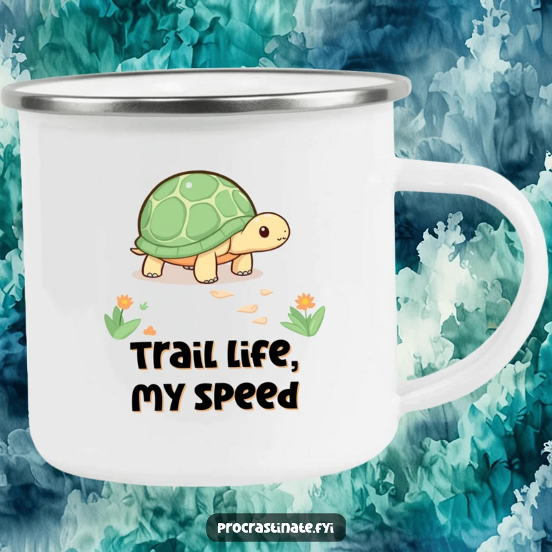 Funny kawaii turtle camping mug featuring a cute turtle slowly inching along a path, perfect for enjoying drinks outdoors.