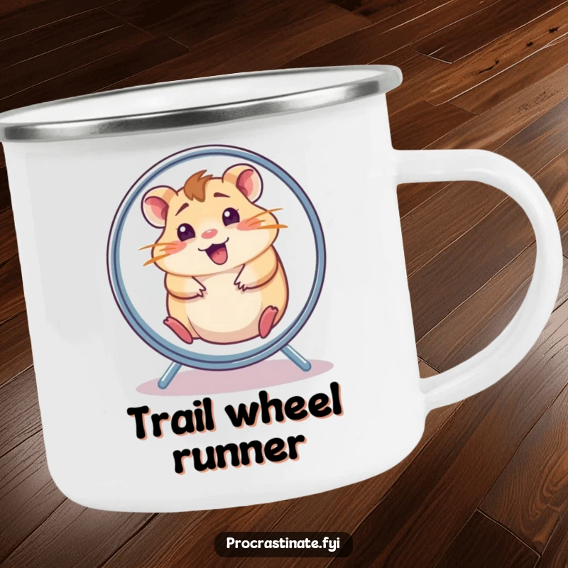 Funny hamster camping mug showing a cheerful, dazed hamster spinning in its wheel, ready for energetic outdoor fun.