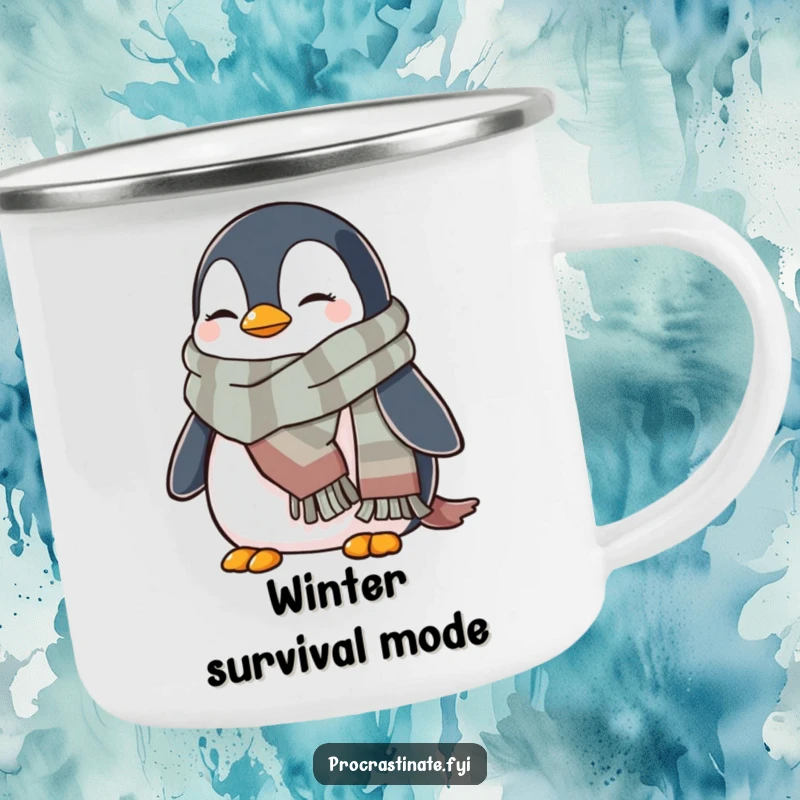 Funny penguin camping mug depicting a cozy penguin wrapped in a warm scarf, ideal for winter adventures and warm drinks.
