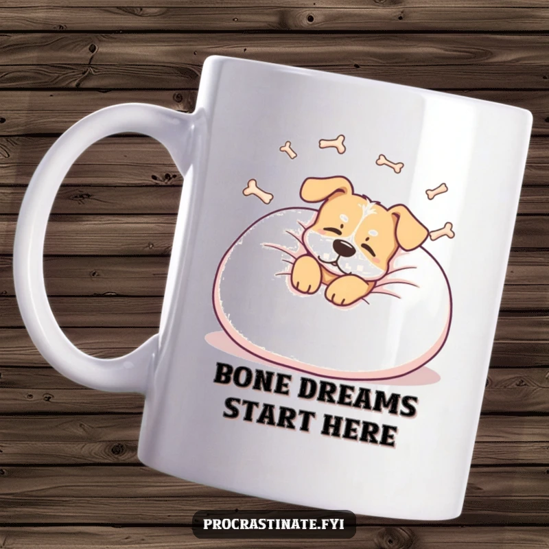 Funny dog mug with a relaxed dog lounging on a giant pillow, dreaming of bones, perfect for coffee lovers.