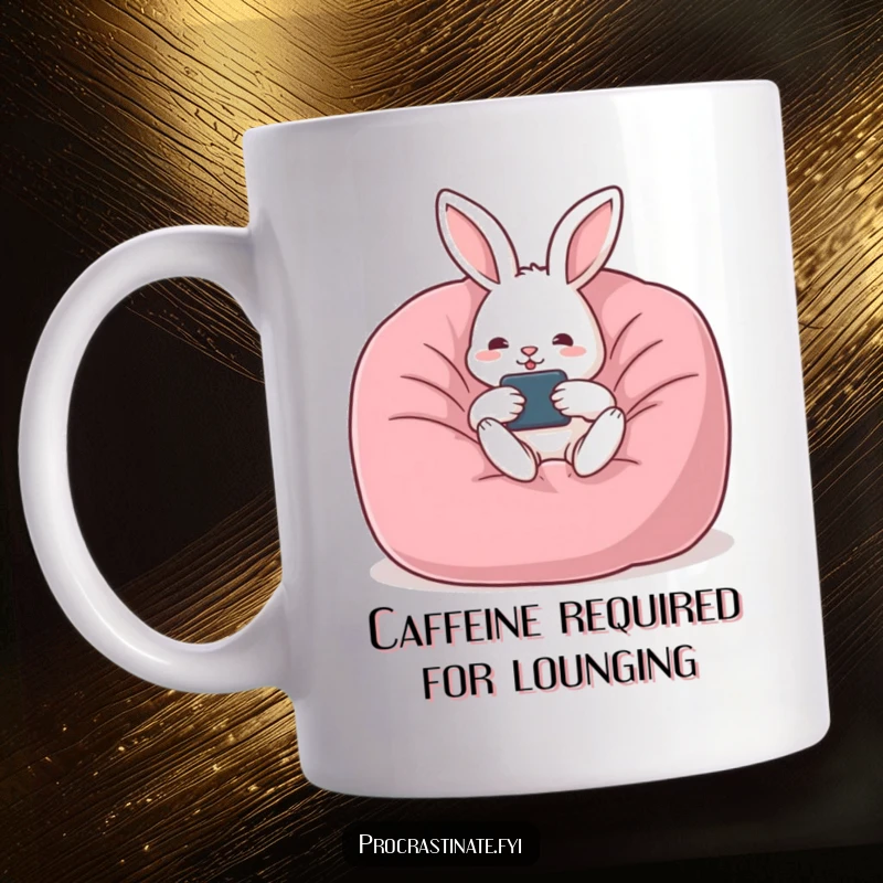 Funny rabbit mug showing a relaxed rabbit lounging in a beanbag chair, holding a remote control, embodying peak laziness.
