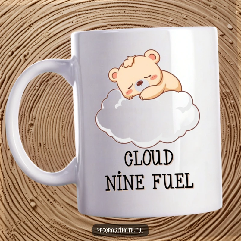 Funny sleepy bear cub napping soundly on a giant fluffy cloud, printed on a delightful mug.