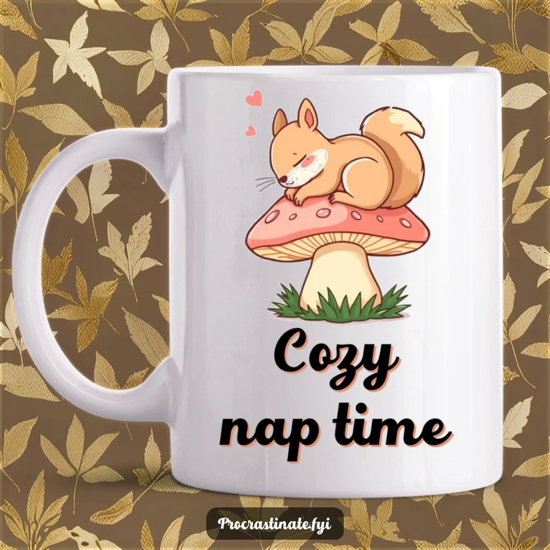 Funny dozing squirrel peacefully curled up asleep on a giant, whimsical mushroom cap, depicted on a humorous mug.