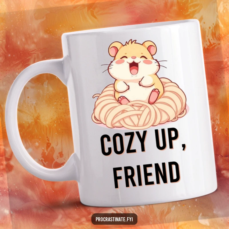 Funny giggling hamster character rolling happily in a pile of soft yarn, a delightful mug for crafters and pet lovers.