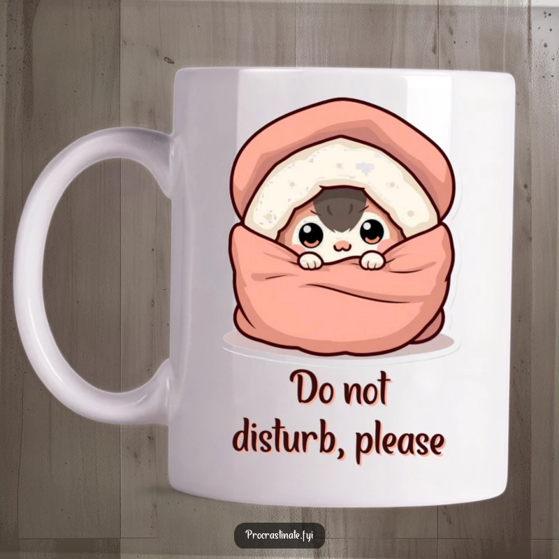 Funny mug with a small, round creature hiding under a blanket, only its eyes visible, expressing a desire for warmth.