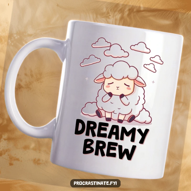 Funny dozing sheep peacefully counting fluffy, stylized clouds drifting lazily across a night sky.