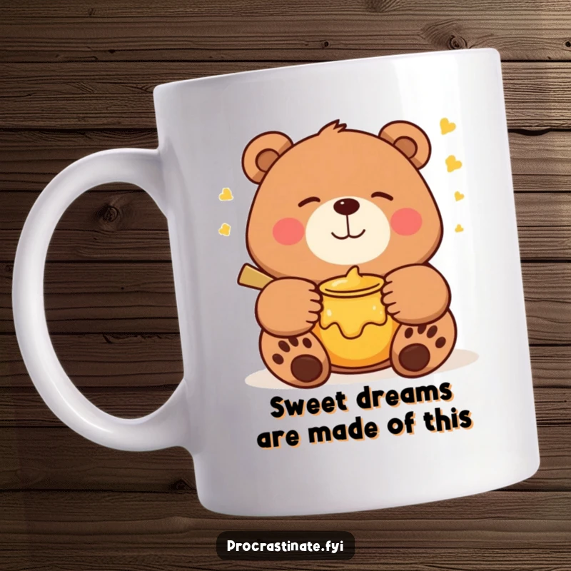 Funny bear mug featuring a smiling bear napping peacefully with a honey pot, dreaming sweet dreams, perfect for relaxation.