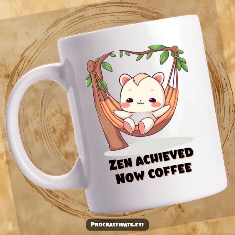 Funny mug showcasing a creature with a blank expression lounging lazily in a hammock, embodying ultimate relaxation.