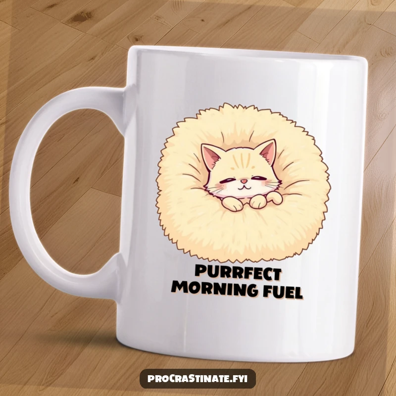 Funny mug featuring a contented cat lounging with half-closed eyes on a giant, fluffy blanket, embodying pure relaxation.