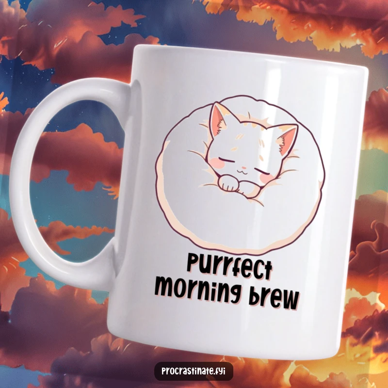 Funny cat mug featuring a content feline peacefully curled up inside a giant, fluffy pillow, exuding ultimate relaxation and comfort.