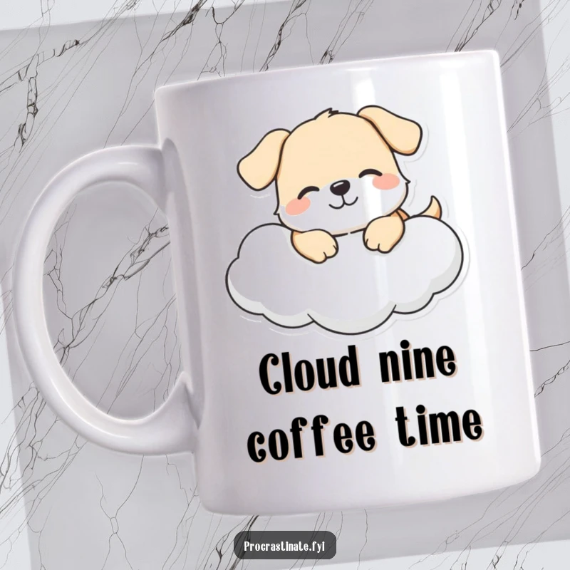 Funny dog mug featuring a happy dog character with a gentle smile, lounging blissfully on a soft cloud, radiating pure happiness.
