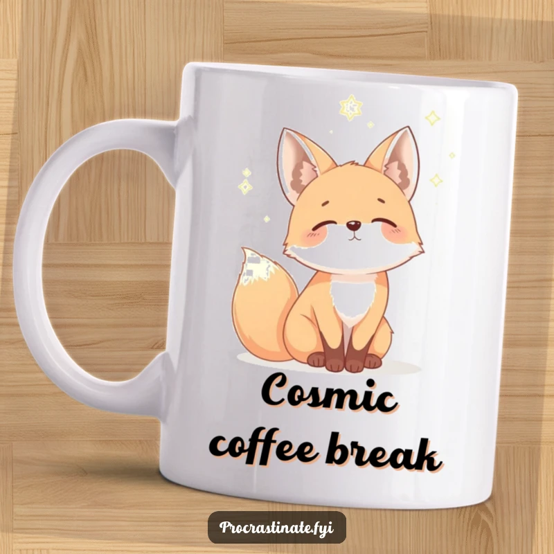 Funny fox mug showing a mellow fox gazing dreamily at a starry night sky, evoking wonder and whimsical humor.