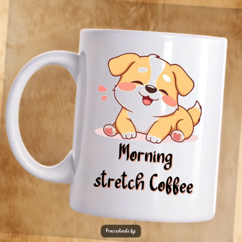 Funny happy dog mug featuring a joyful dog character stretching lazily with a contented sigh. Pure relaxation.