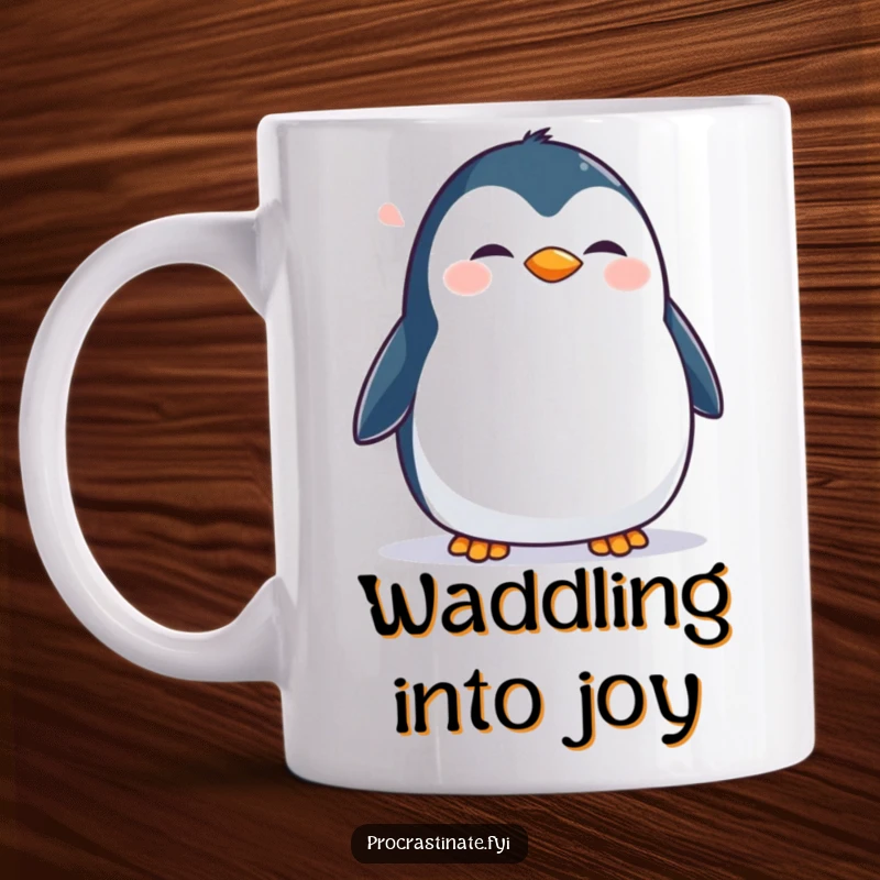 Funny Penguin Mug: A happy penguin waddles contentedly, offering a humorous and joyful addition to your morning routine.