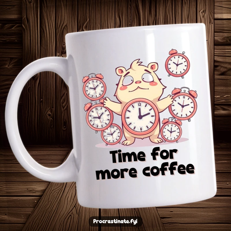 Funny Mug featuring a creature hilariously juggling ticking alarm clocks, looking overwhelmed yet amused by the chaos.