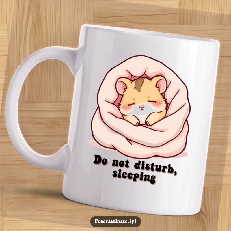 Funny kawaii hamster peacefully napping in a fluffy blanket pile, an adorable and heartwarming scene for a mug.