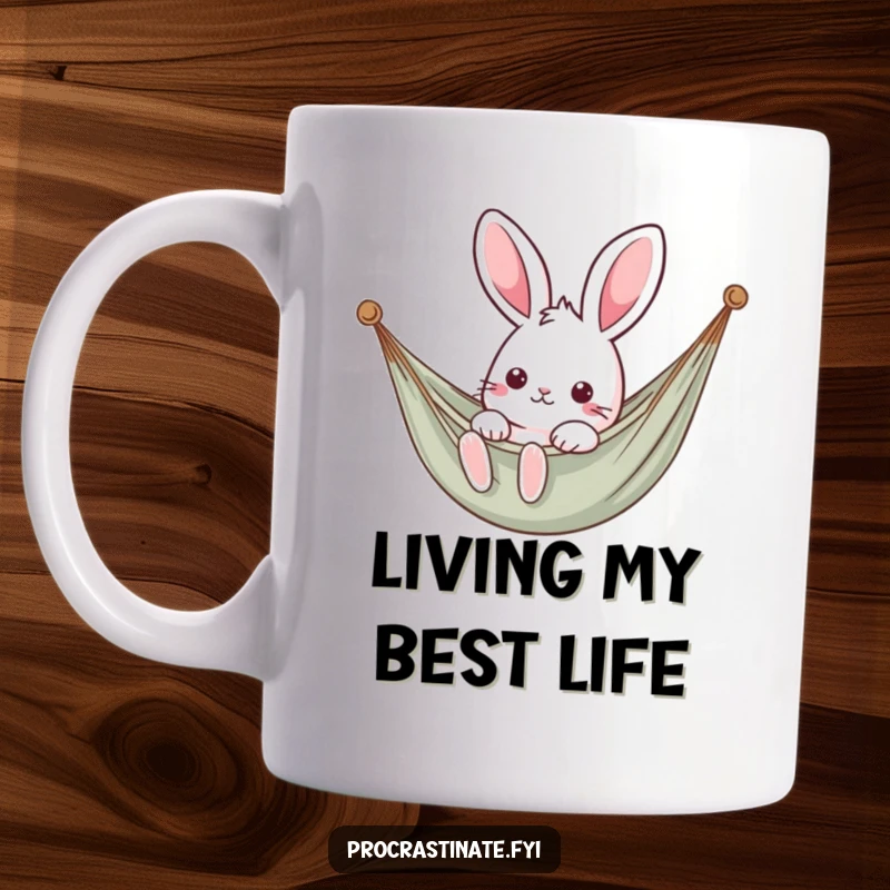 Funny kawaii rabbit lounging peacefully in a cozy hammock, a symbol of relaxation on a mug.