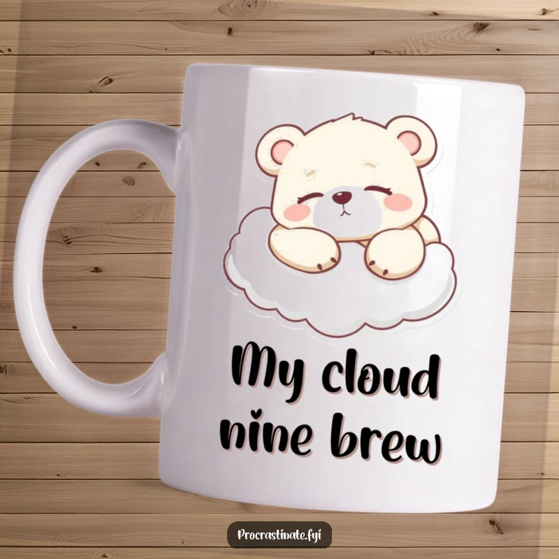 Funny Lazy Bear Cub Mug, peacefully stretched on a cloud with eyes half-closed, embodying ultimate relaxation and gentle humor.