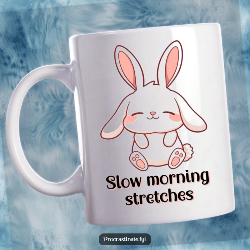 Funny lazy rabbit mug featuring a relaxed rabbit with extremely long ears stretching slowly, embodying a vibe of pure leisure.