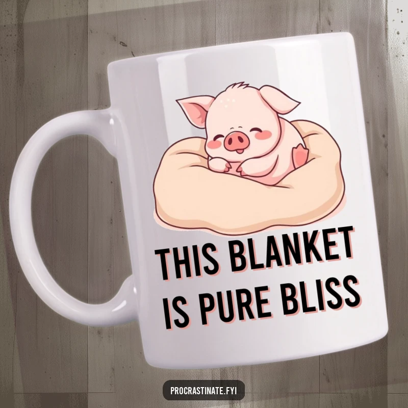 Funny piglet mug featuring a happy piglet joyfully rolling around in a pile of soft, fluffy blankets, embodying pure contentment.