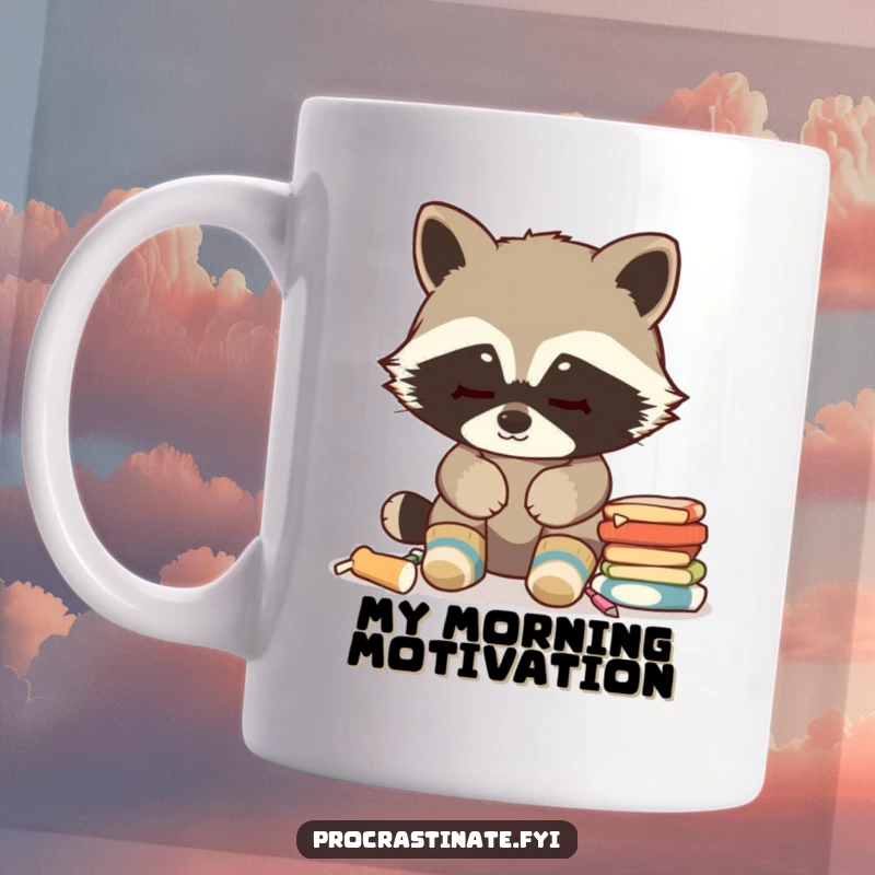 Funny Raccoon Mug: Cozy socks on, staring blankly at chores, perfect procrastinator gift for avoiding responsibilities humorously.