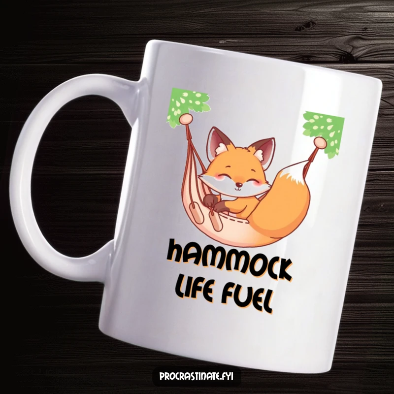 Funny relaxed fox sprawled on a hammock, gently swaying, depicted on a humorous mug.