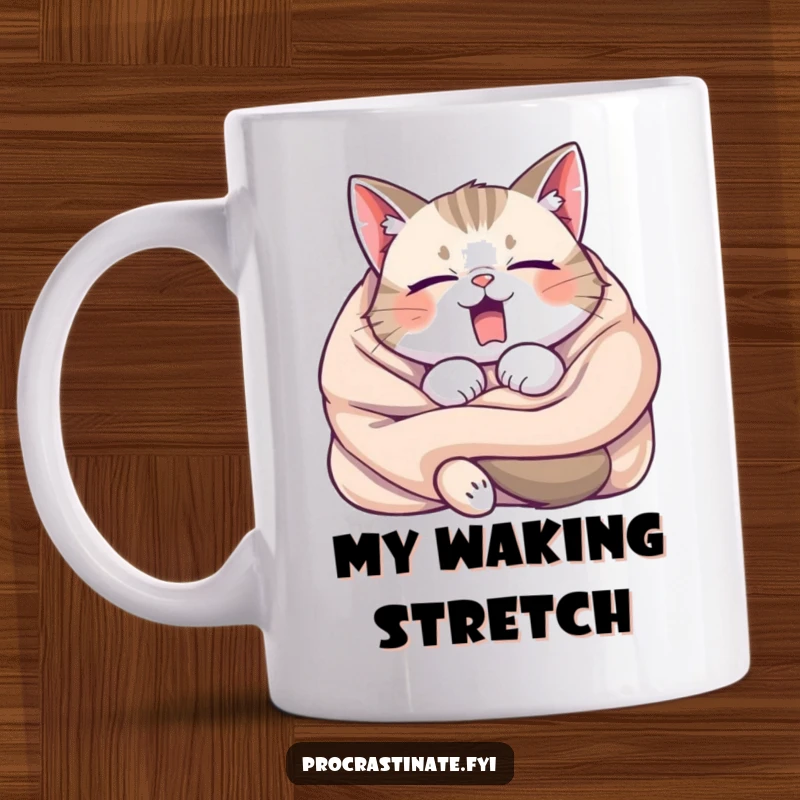 Funny Sleepy Cat Mug, tangled in a blanket and yawning widely, capturing extreme relaxation and cozy feline humor.