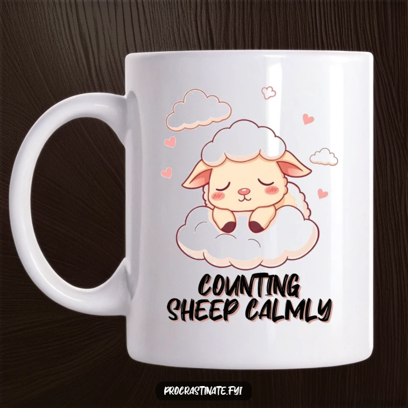 Funny mug with a cartoon sheep character drowsily counting fluffy clouds, falling asleep mid-count.