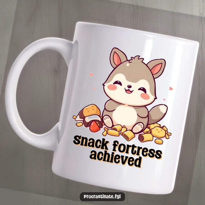 Funny mug featuring a happy animal character grinning widely amidst a pile of discarded snack wrappers, looking utterly satisfied.