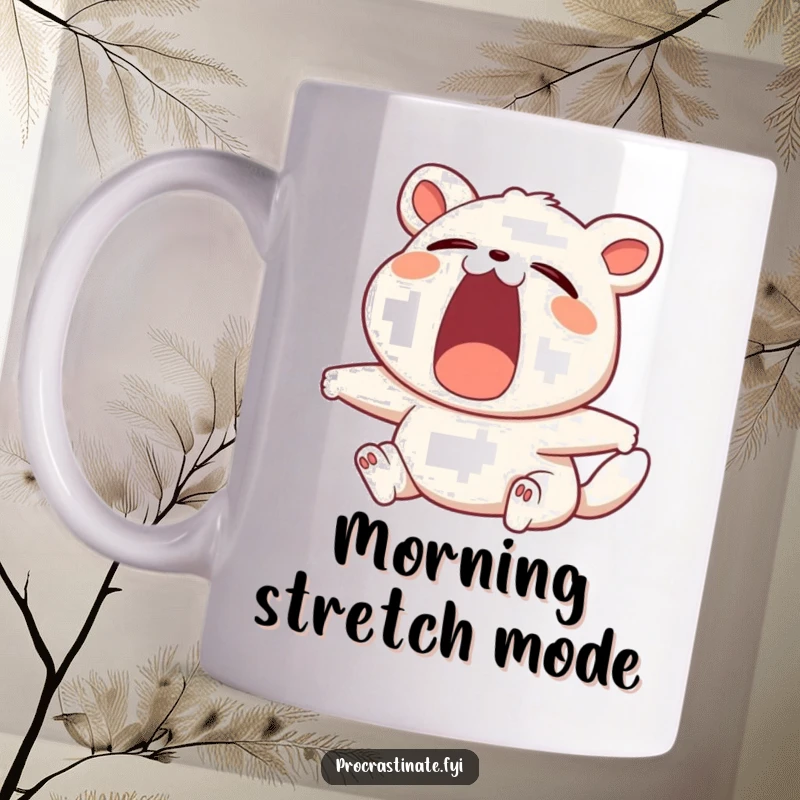 Funny mug featuring a contented animal character yawning widely and stretching, embodying pure relaxation and the need for rest.